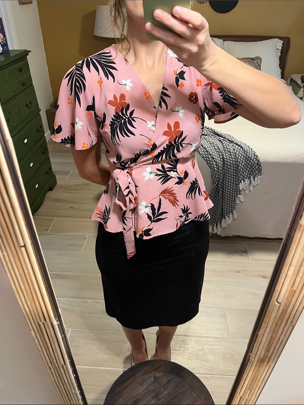 Monteau Pink Floral Wrap Top with Tie Waist